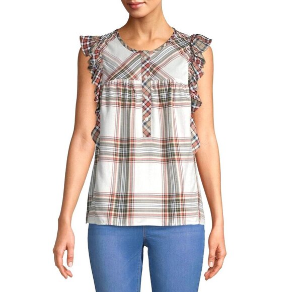 Time & Tru Womens ruffled tank top Plaid flutter/Cap Sleeve Sz M multicolor EUC - Picture 3 of 12